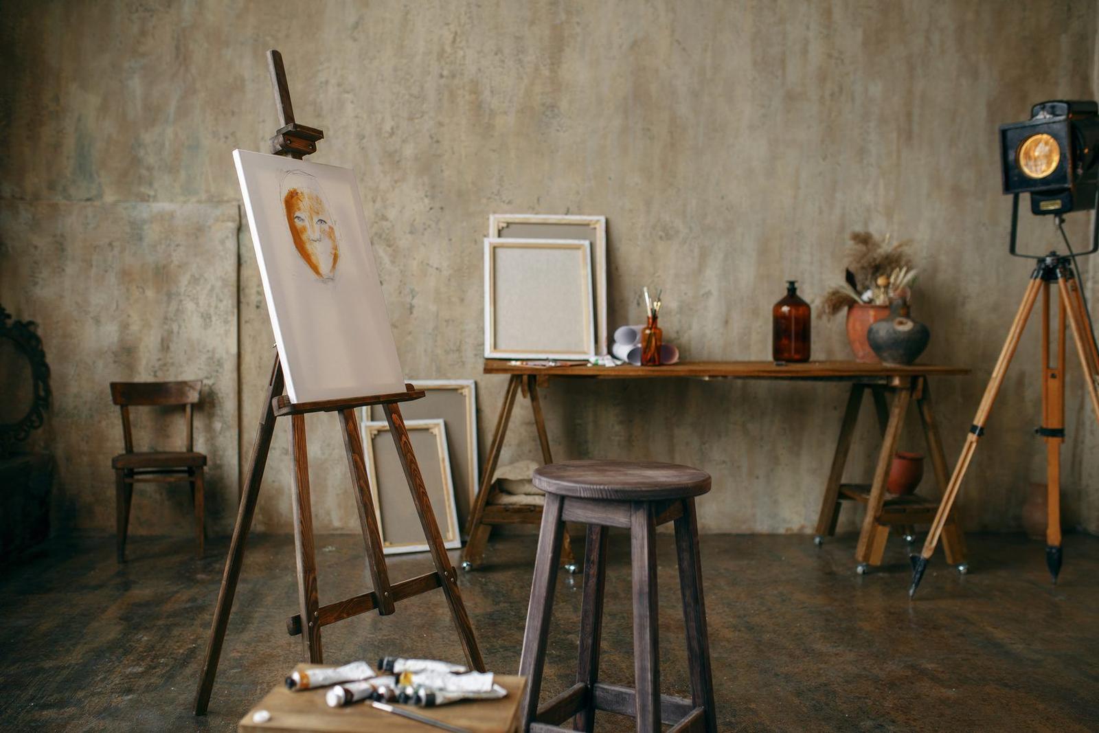 An empty artist's studio with an easel
