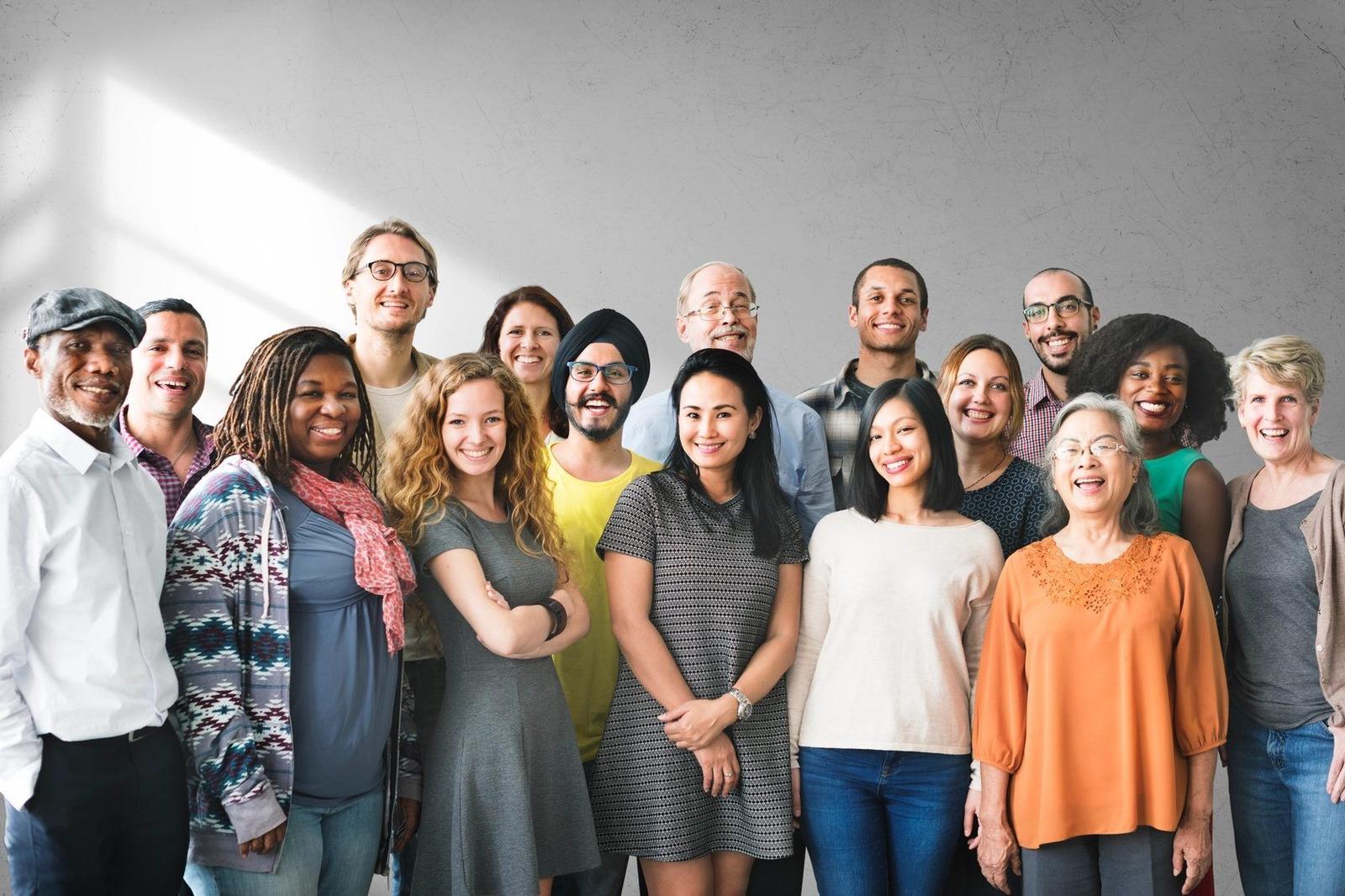 A smiling, diverse group photo