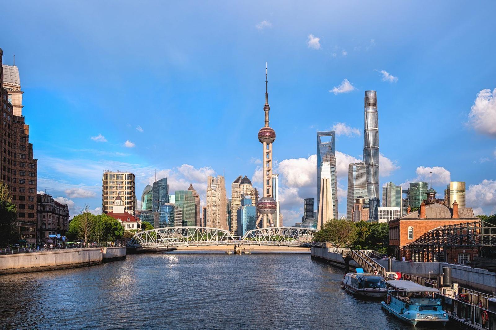 The Shanghai skyline across the river on a clear day