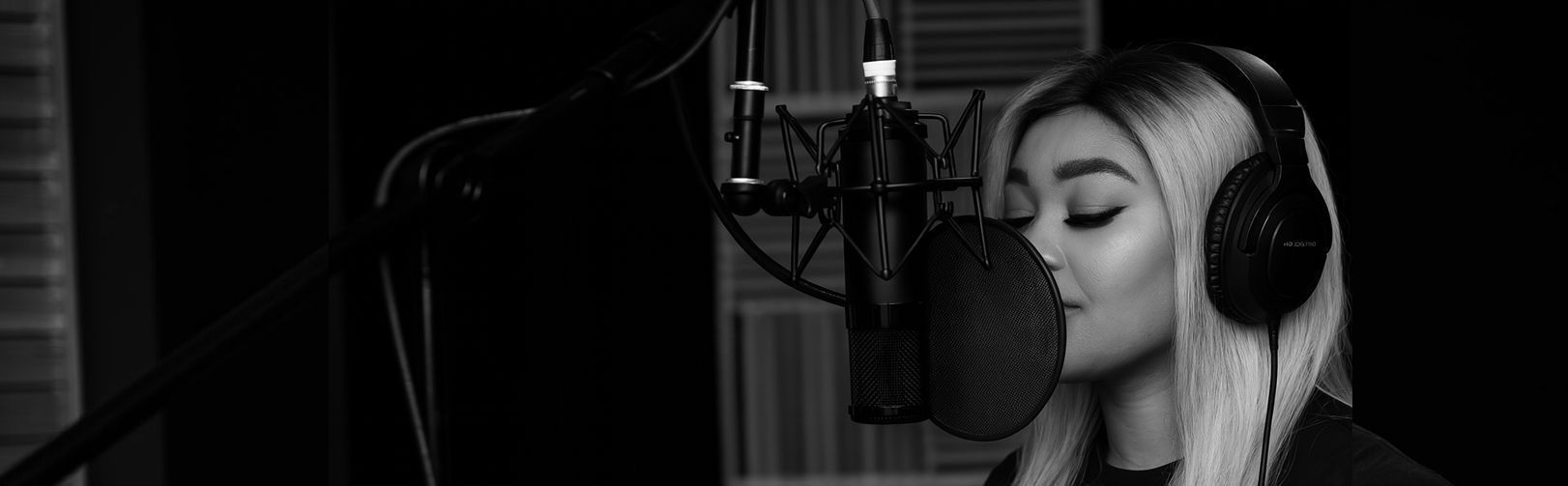 A smiling voice artist recording at a studio microphone